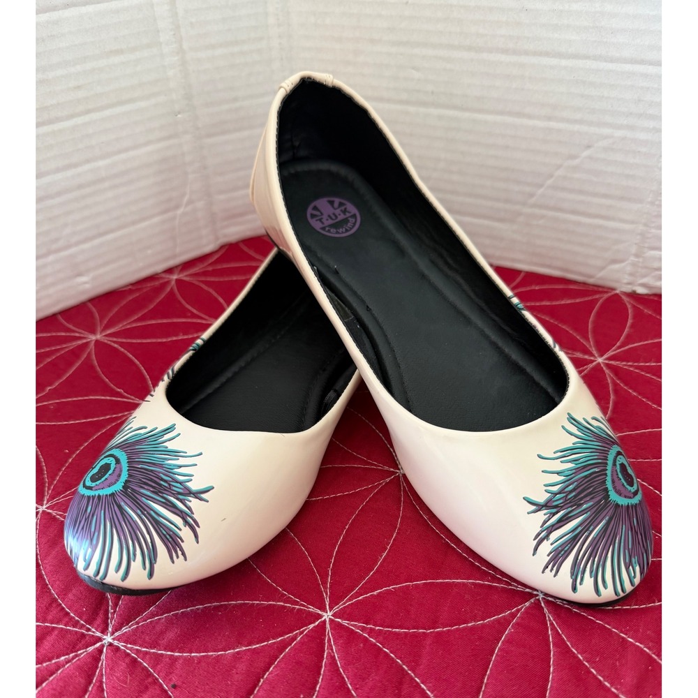 T.U.K Cream Flats with Teal & Purple Feather Graphic